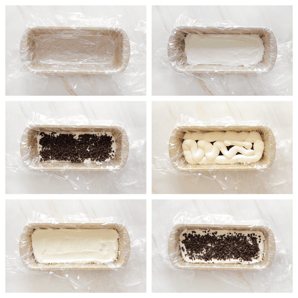 Neem een bakvorm en leg er een vel huishoudfolie op. Verdeel er een laagje room over en strooi 25 gr oreo kruimels op. Herhaal deze stap.