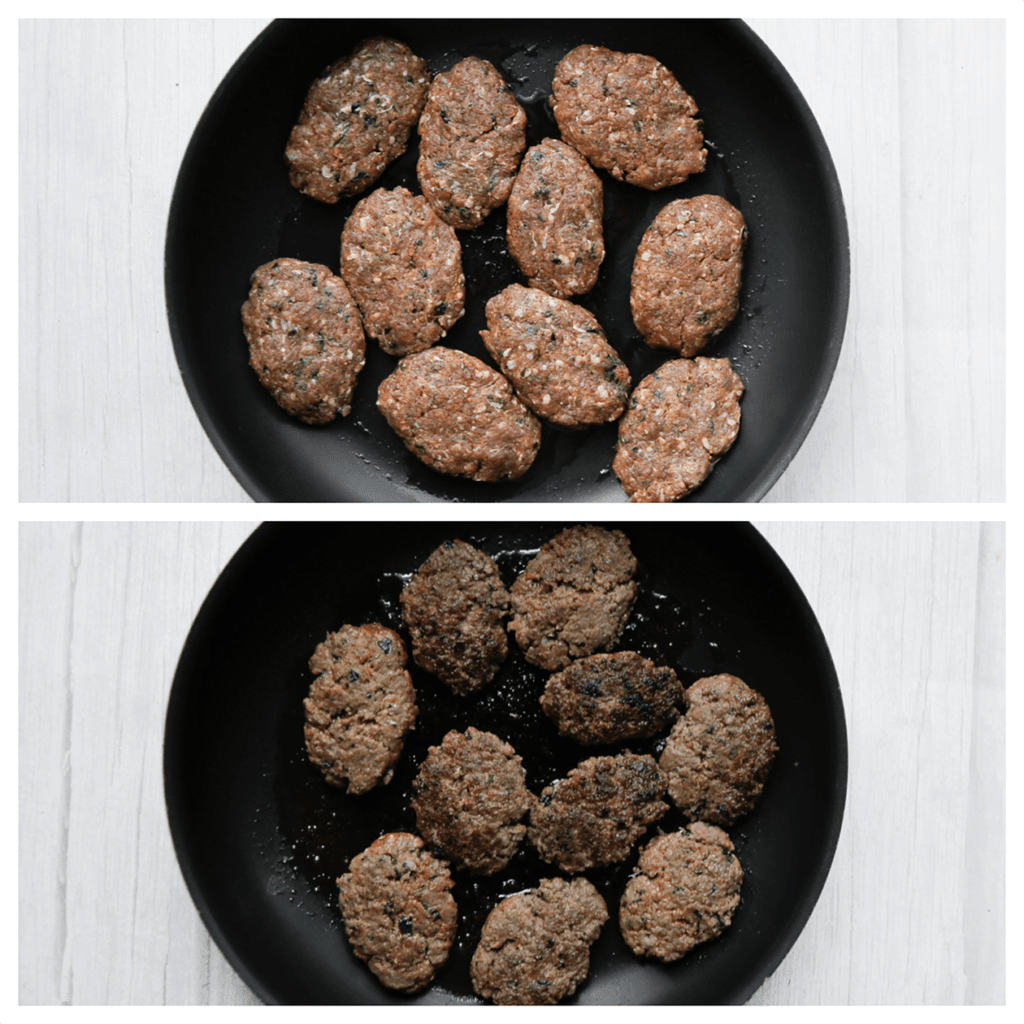 Neem wat van het gehakt en maak er ovale burgers van. Bak het gehakt gaar.