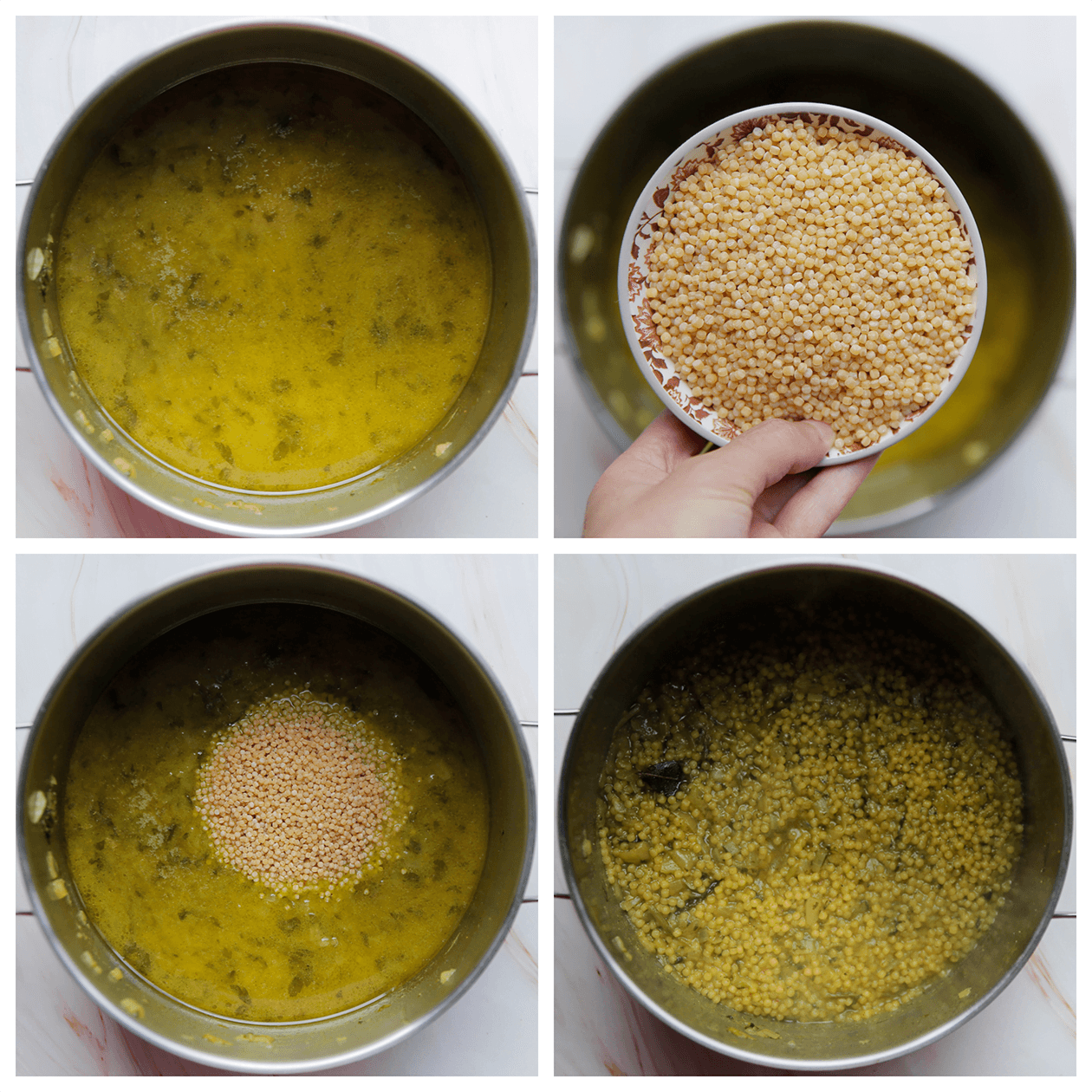 Parelcouscous koken in de jus van kip