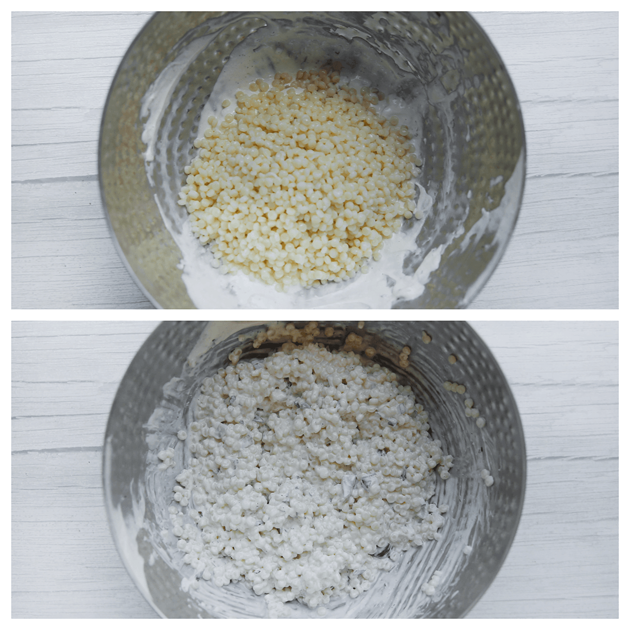 Parelcouscous mengen met knoflooksaus