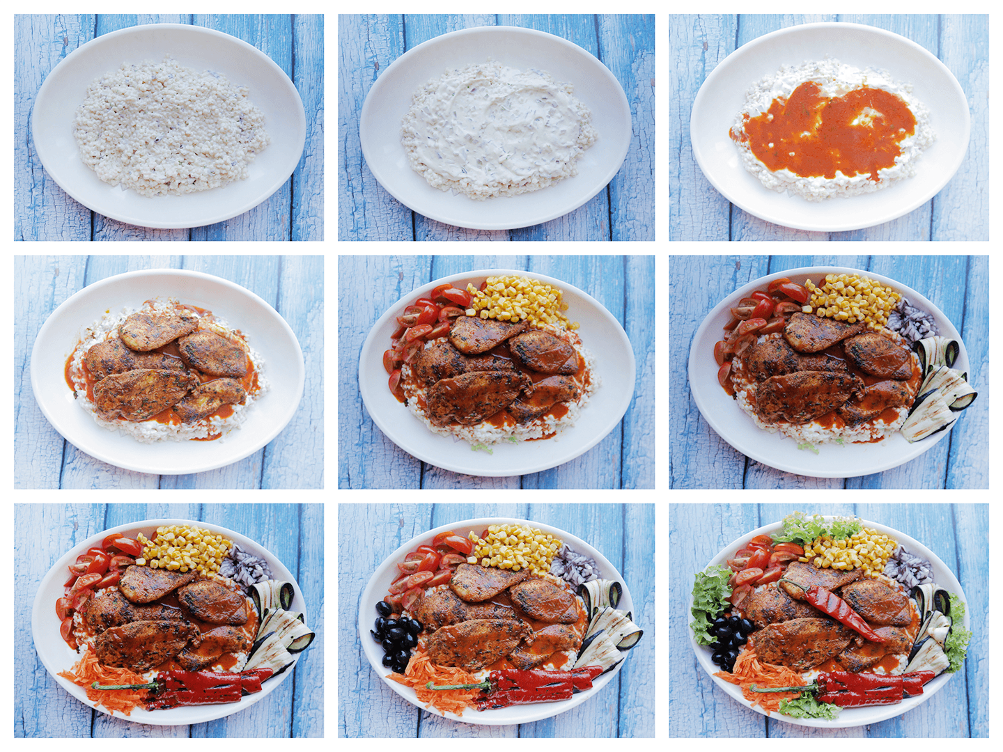 Parelcouscous verdelen over een bord met kip, frisse en gegrilde groenten