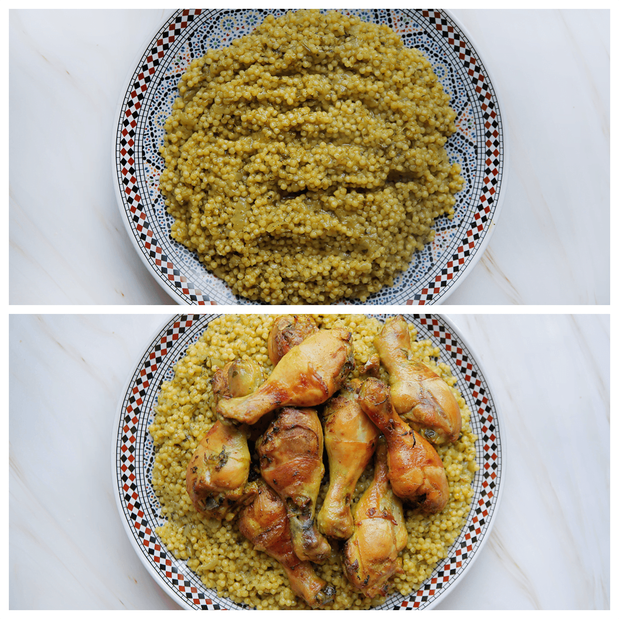 Parelcouscous verdelen over een bord met kipdrumsticks