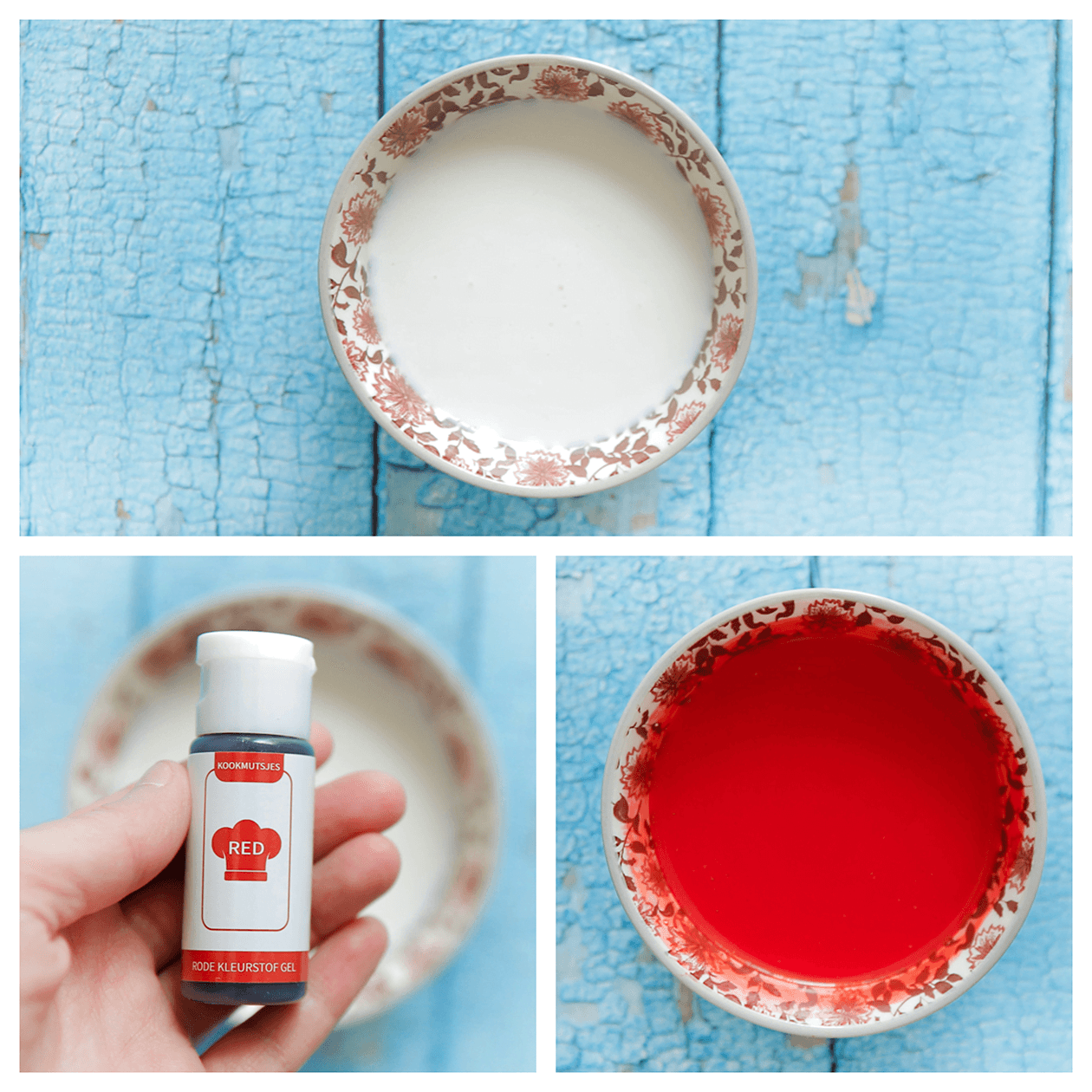 Red velvet kleurstof mengen met karnemelk