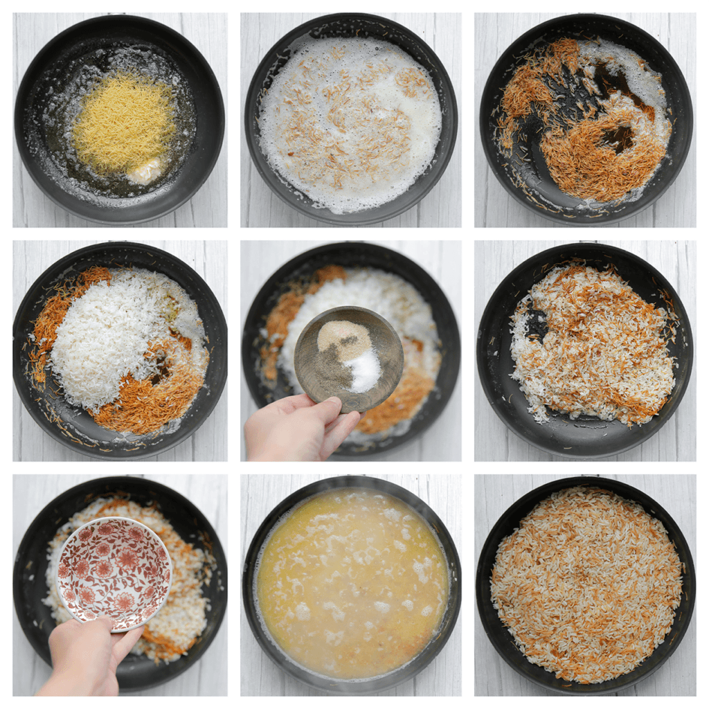 Verhit de roomboter samen met de zonnebloemolie in een koekenpan op middelhoog vuur. Voeg de vermicelli toe en bak goudbruin. Voeg de rijst, het zout, de zwarte peper en knoflookpoeder toe. Bak 1 minuut. Voeg het water toe en zet het vuur hoog. Wanneer het goed borrelt, zet je het vuur laag. Kook, afgedekt, tot de rijst het water compleet heeft geabsorbeerd. Zet het vuur uit en laat 10 minuten staan voordat je de rijst opschept.