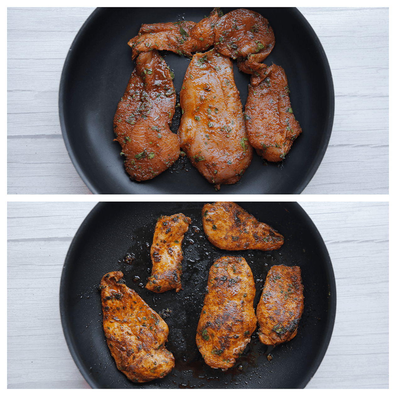 Stukken kipfilet bakken in een koekenpan op middelhoog vuur