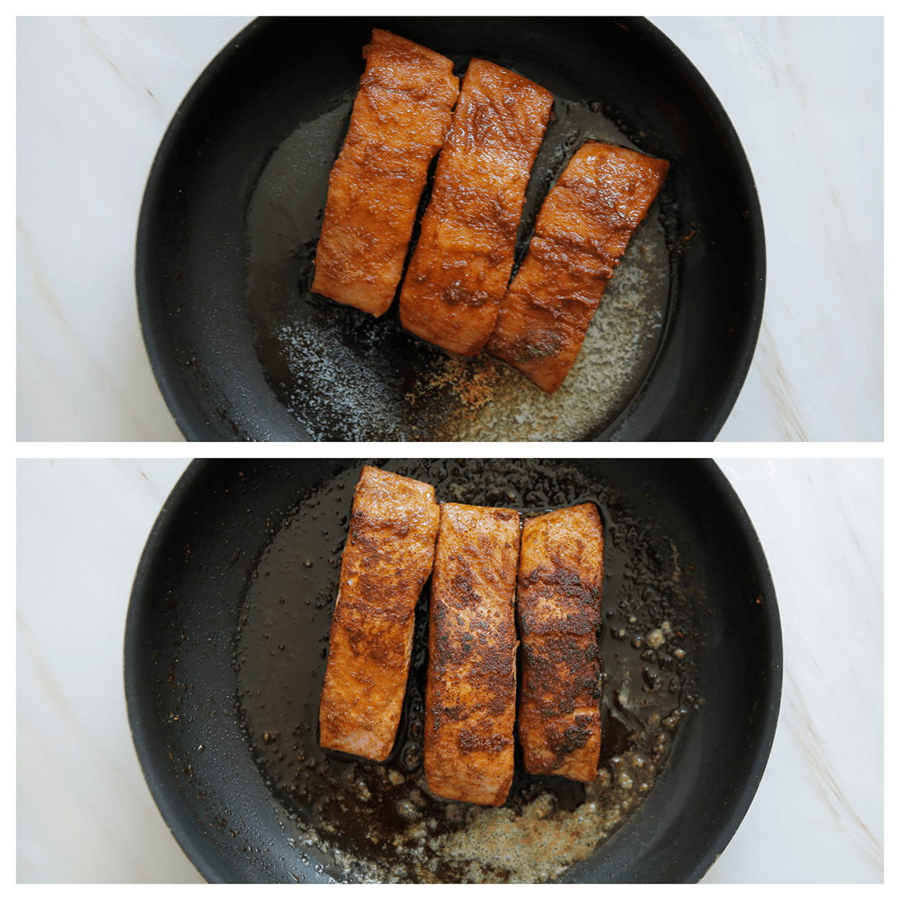 Stukken zalm gaar bakken in een koekenpan