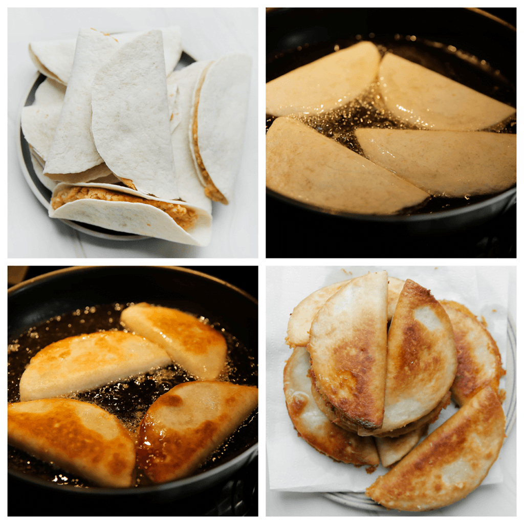 Verhit de zonnebloemolie in een koekenpan op 170 ℃. Bak de taco’s aan beide kanten goudbruin.