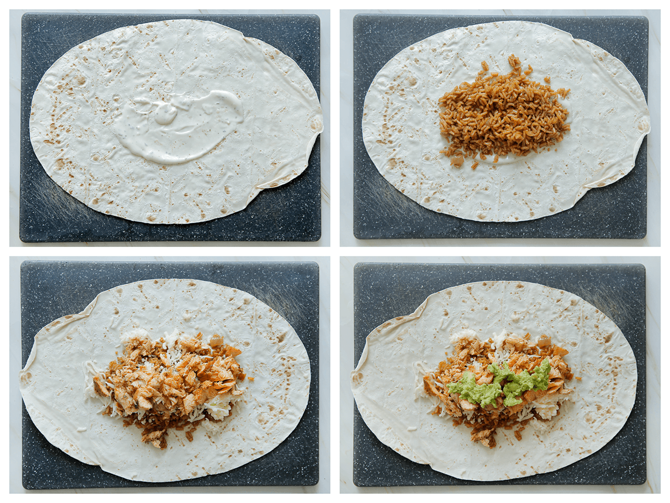 Yufka vellen vullen met saus, rijst, zalm en avocado