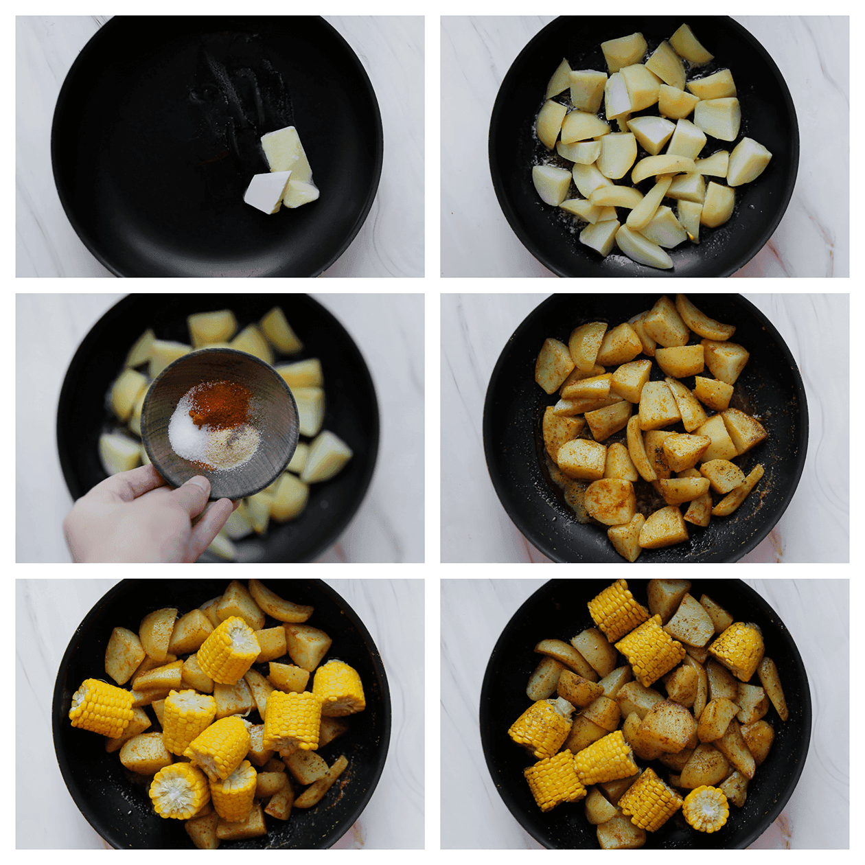 Aardappels bakken met verse kruiden en maiskolven in een koekenpan