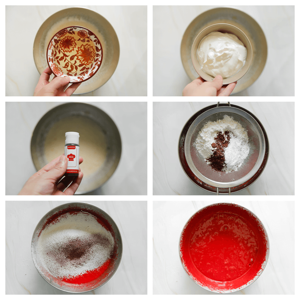 Voeg de zonnebloemolie, yoghurt en rode kleurstof gel toe. Mix 1 minuut. Zeef de bloem, het bakpoeder en cacaopoeder boven de mengkom. Mix tot een gladde massa. 