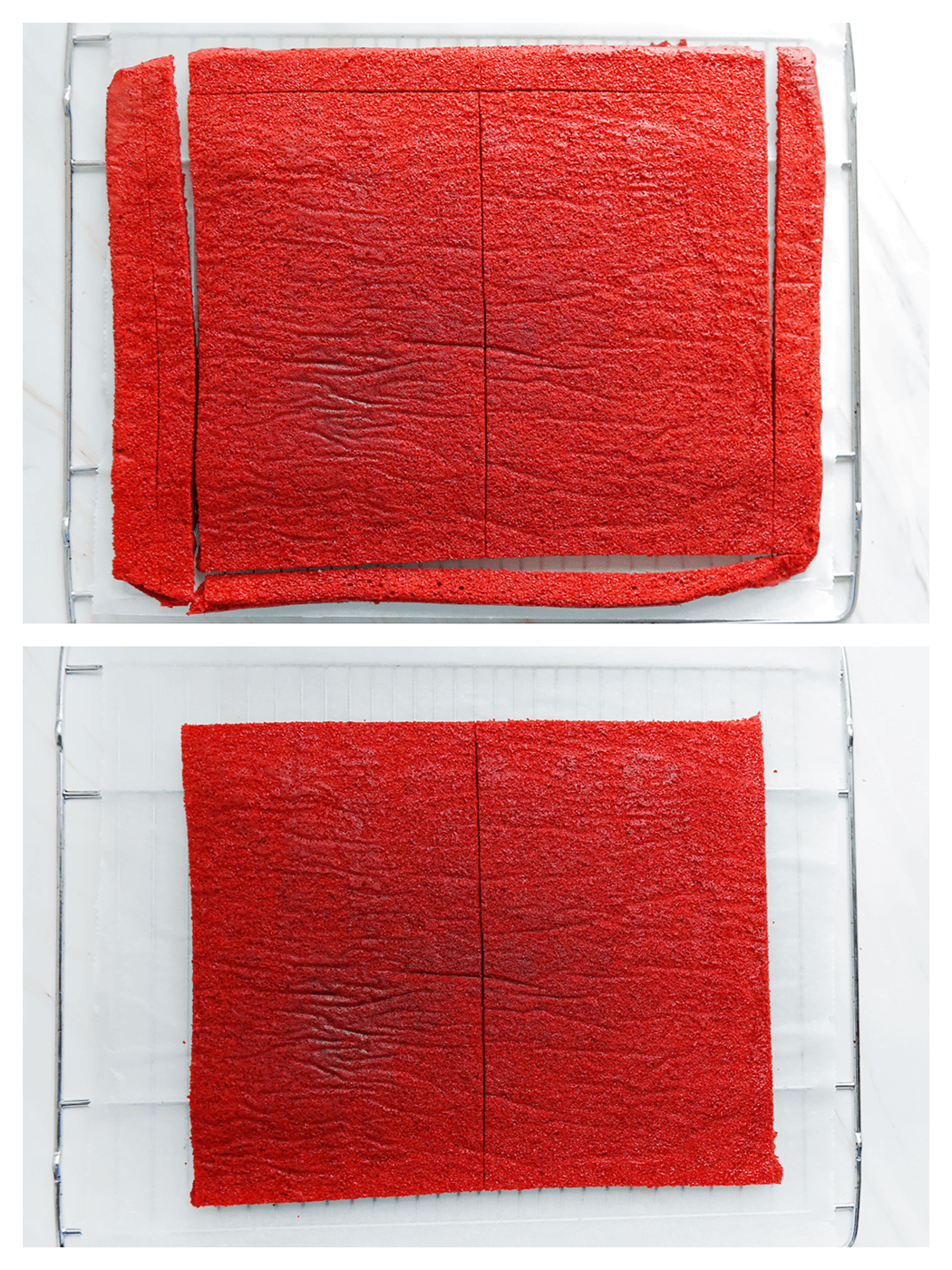 De zijkanten van de red velvet cake wegsnijden en vervolgens doormidden