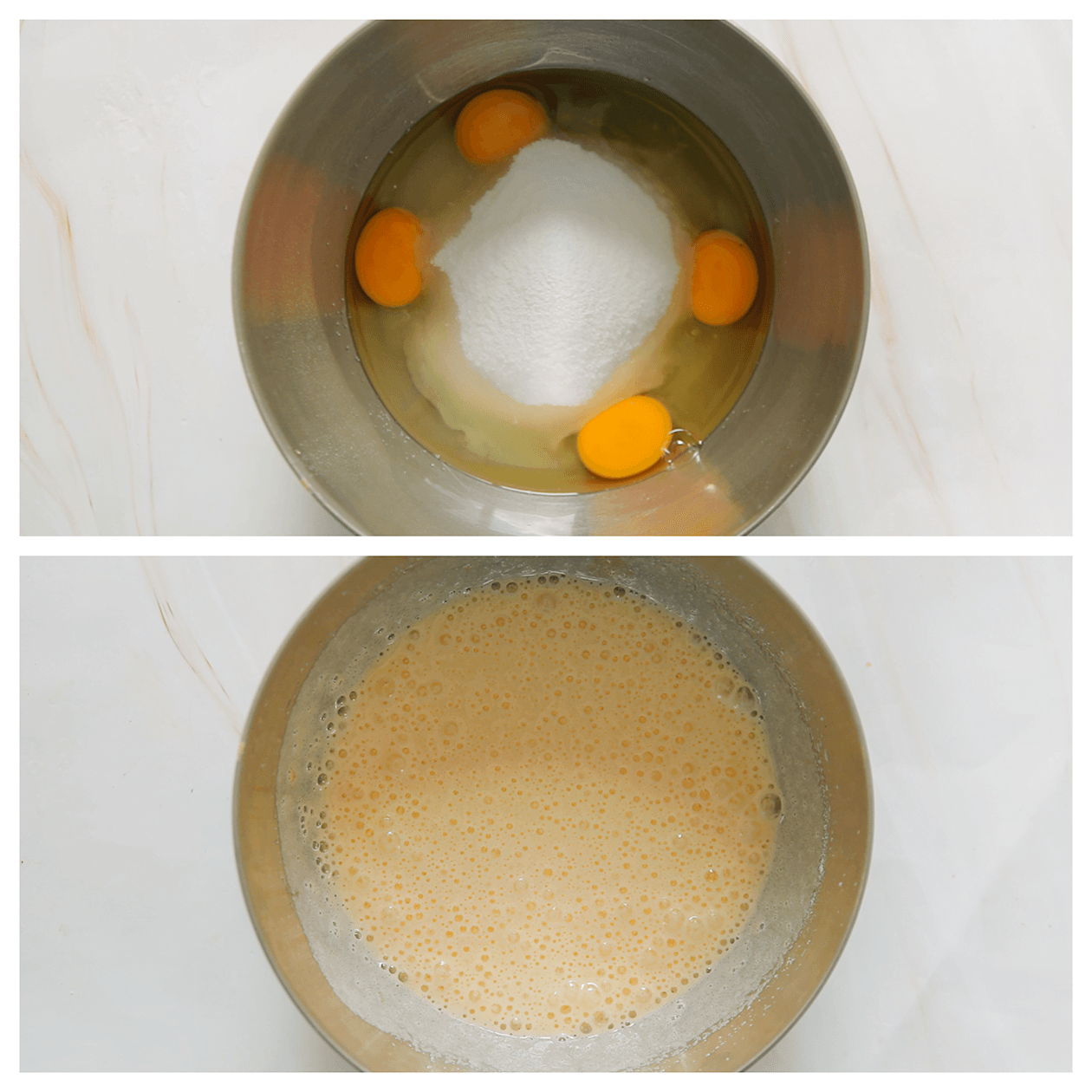 Eieren mixen met suiker tot een luchtig beslagje