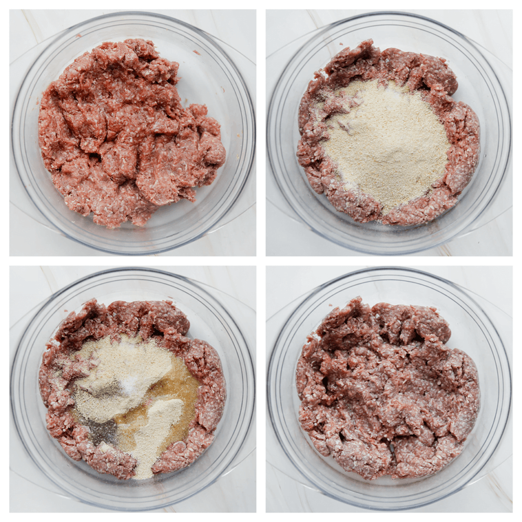 Doe het gehakt samen met zout, de zwarte peper, zonnebloemolie en broodkruimels in een kom. Kneed samen tot een geheel.