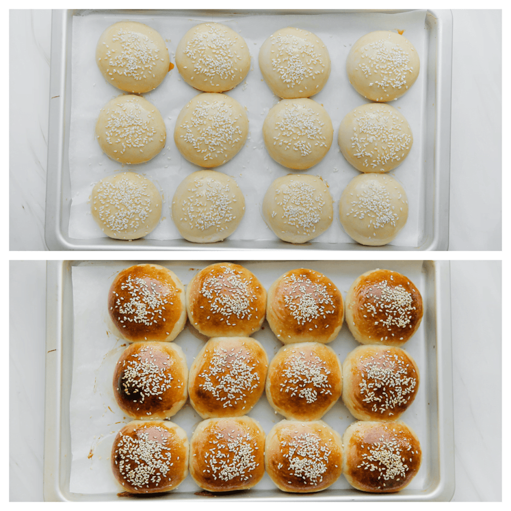 Leg het brood in een voorverwarmde oven op 200 ℃. Bak 12-15 minuten of tot het brood mooi goudbruin is gekleurd. Elke oven werkt anders, houd dit zelf in de gaten.
