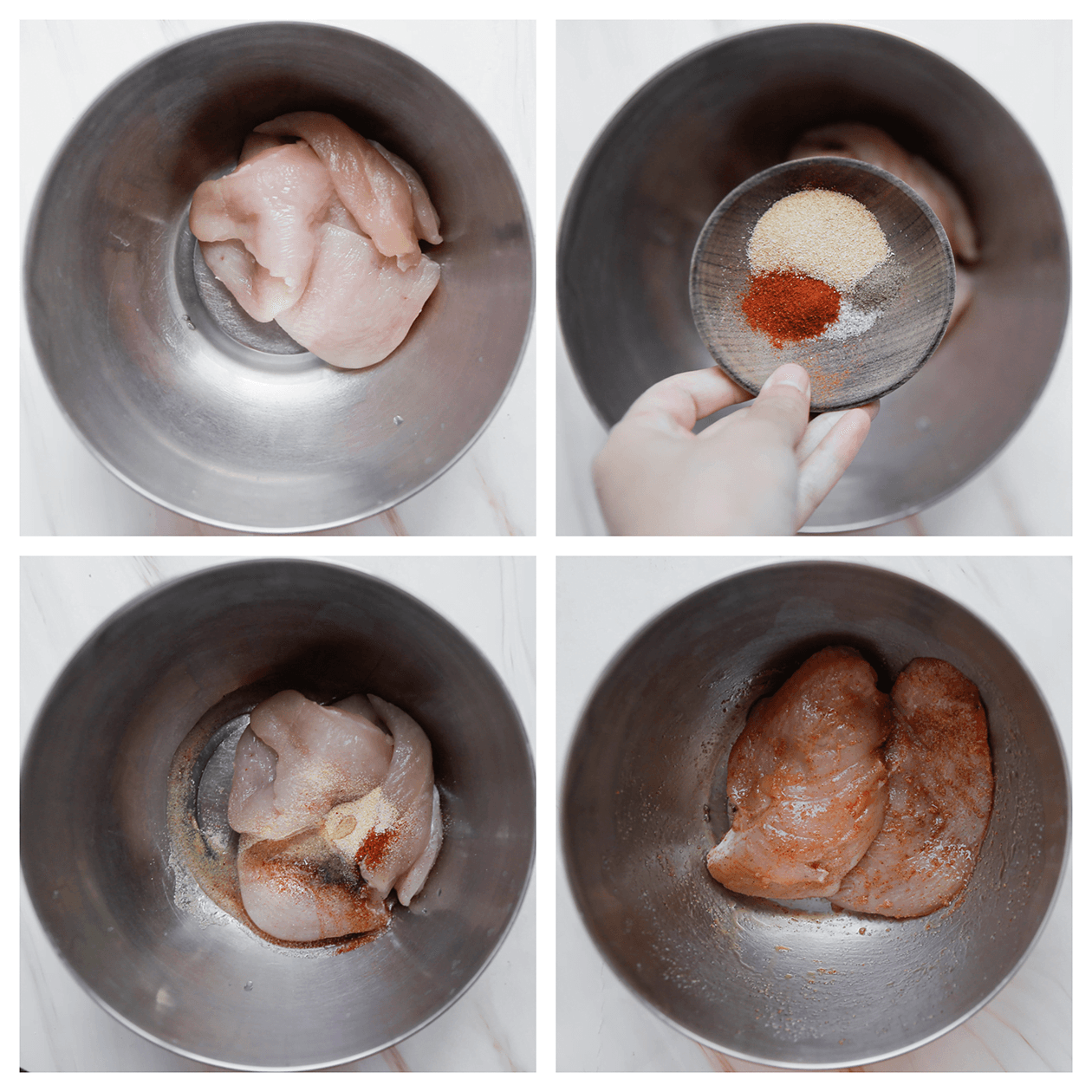 Kipfilet goed marineren met verse kruiden in een diepe kom