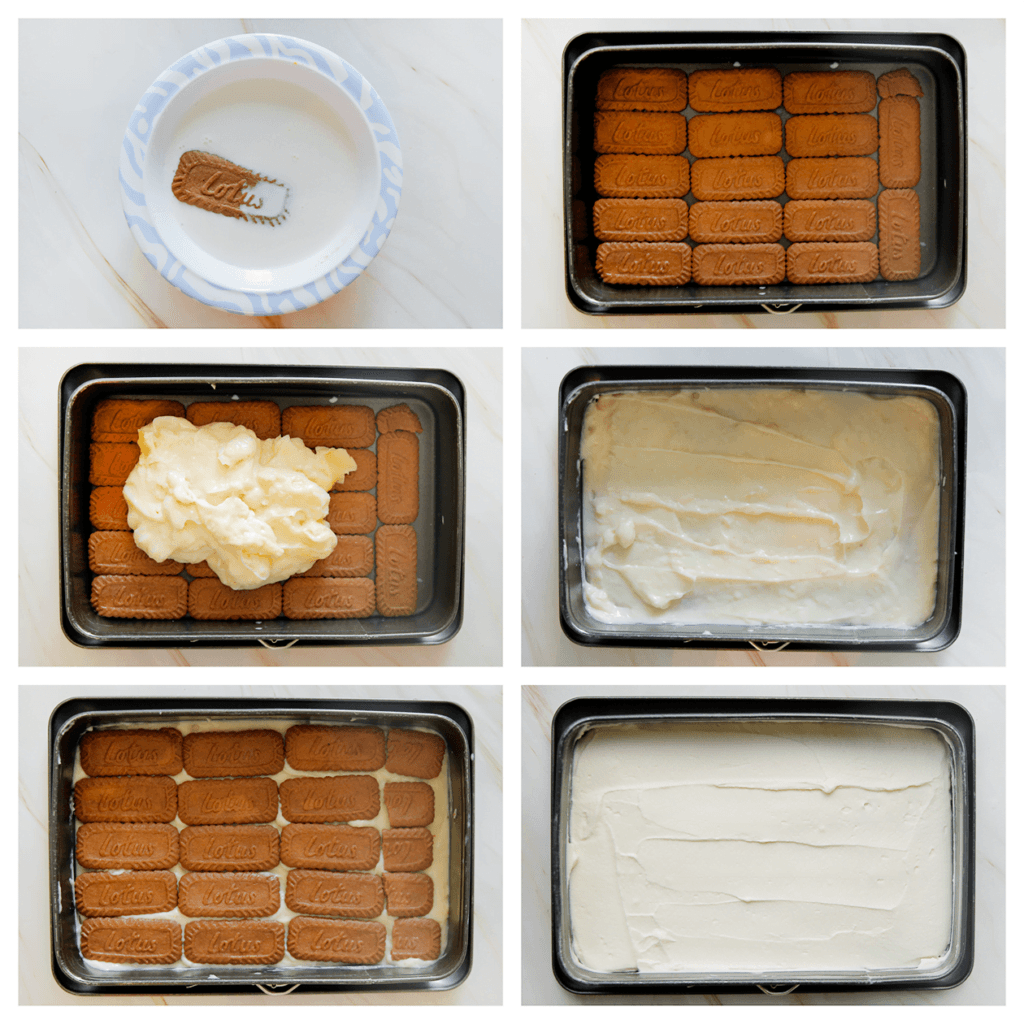 Haal de speculooskoek door de melk en verdeel deze over een springvorm. Schep er een laagje van het gele room op en smeer gelijkmatig uit. Doe er weer een laagje koek op. Verdeel er slagroom over en maak egaal.