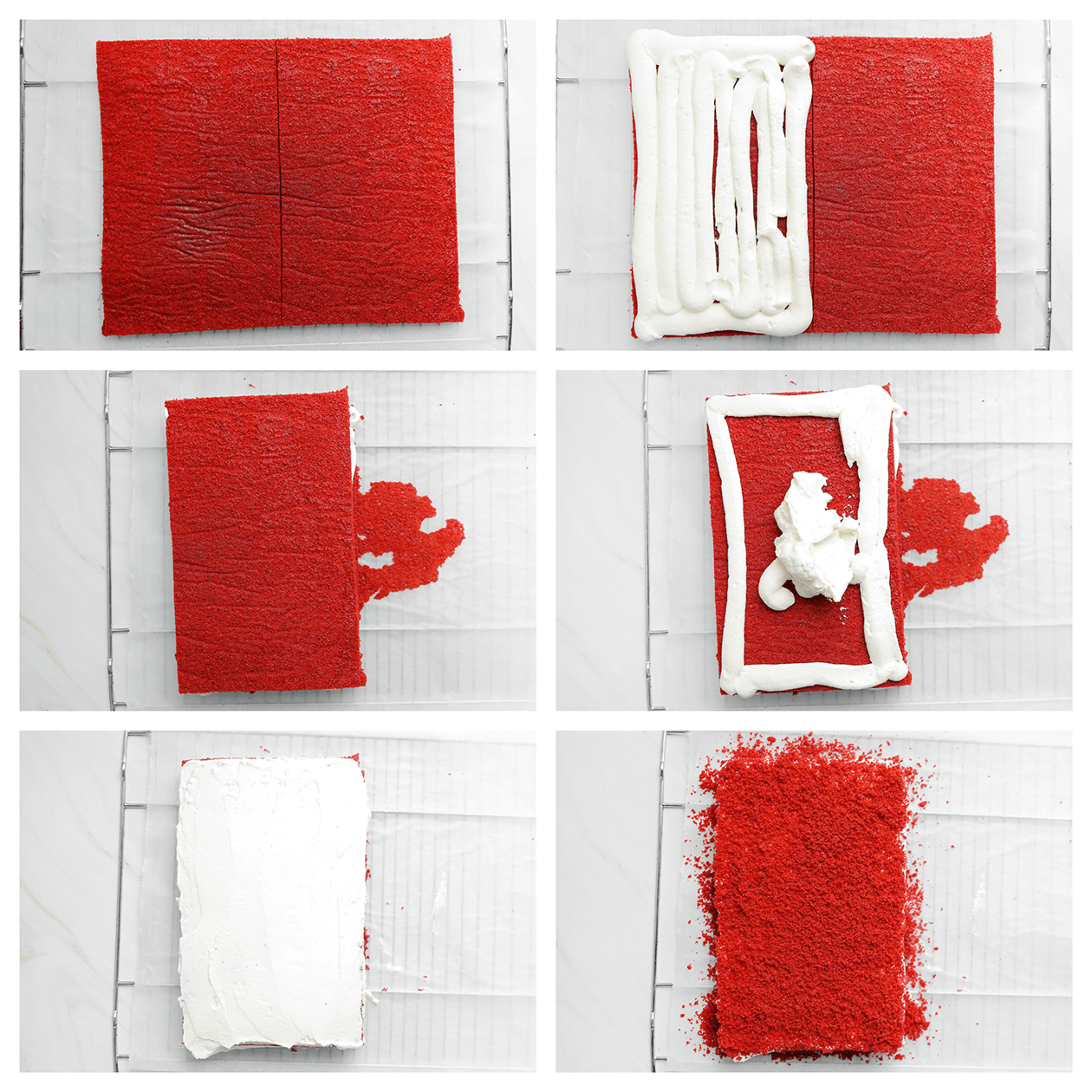 Red velvet cake vullen met room en garneren met redvelvetkruimels