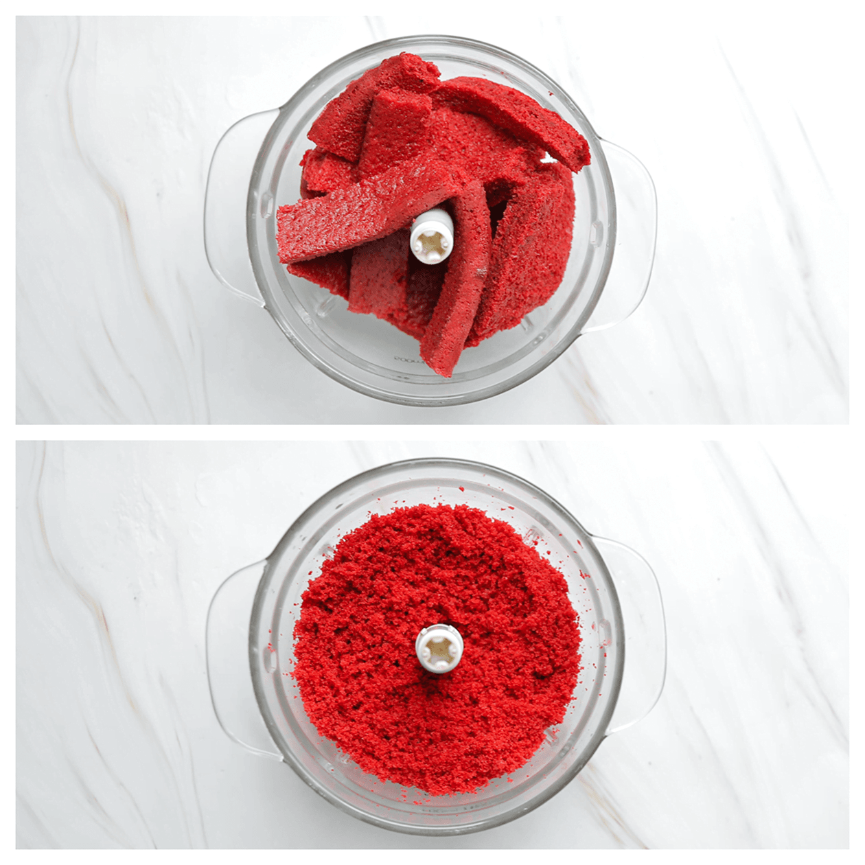 Redvelvetcake fijnmalen in een hakmolen