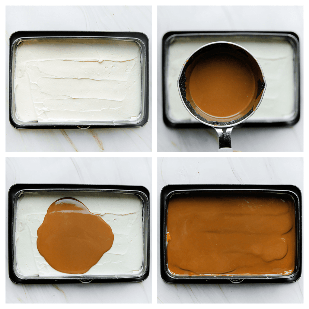 Verdeel de speculoospasta over de room. Leg, afgedekt, 5-6 uur in de koelkast. Het liefst een nachtje, zo trekken de smaken nog beter in.
