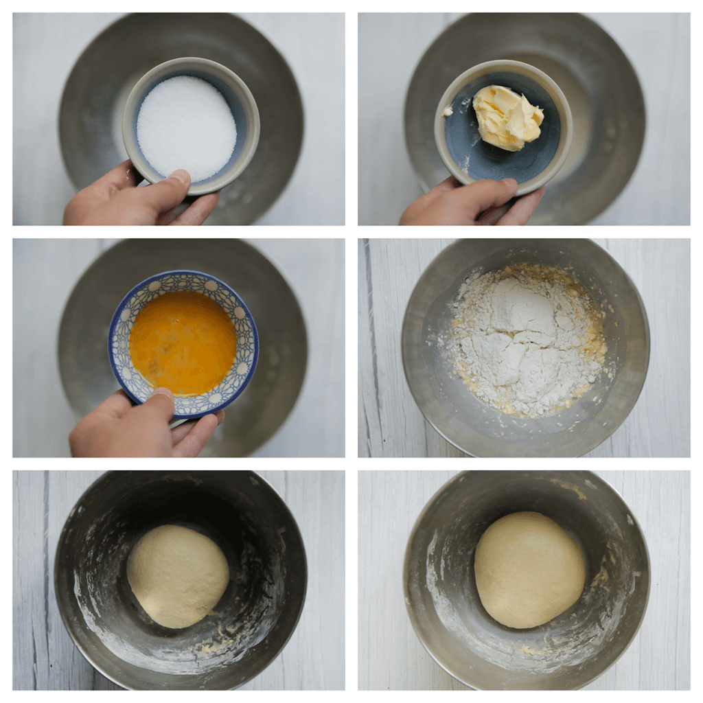 Voeg de roomboter, het geklutste ei, de suiker en bloem toe. Kneed 10 minuten tot een mooi geheel. Dek af en laat 1 uur rijzen.