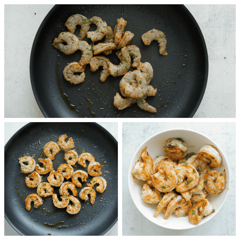 Bak de garnalen in een koekenpan op middelhoog vuur aan beide kanten gaar.