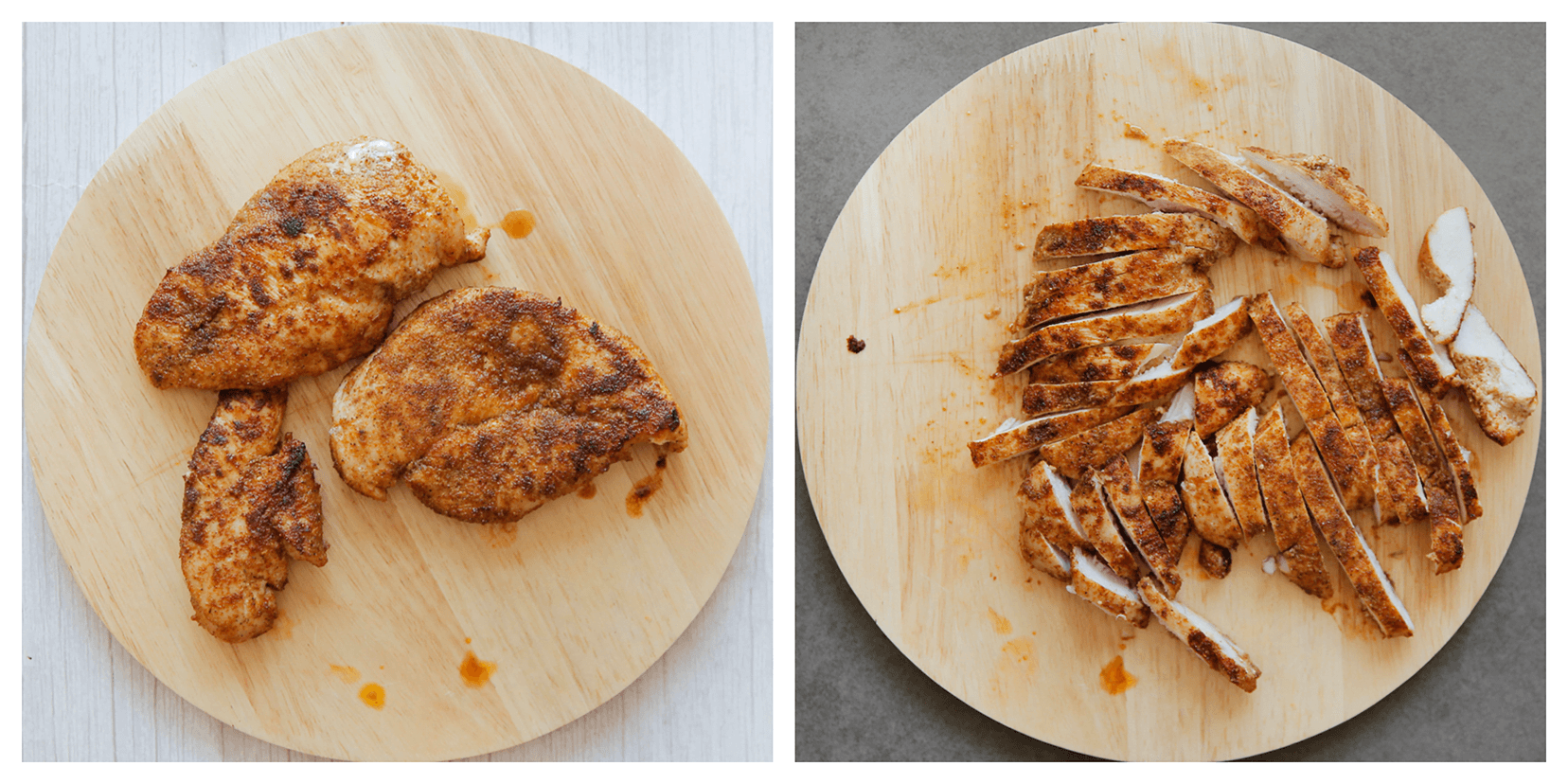 Gebakken kipfilet in reepjes snijden