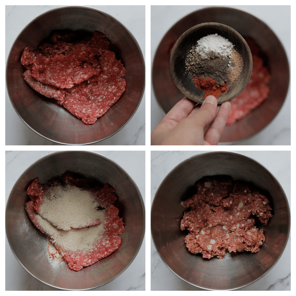 Doe het gehakt in een diepe kom. Voeg het zout, knoflookpoeder, de zwarte peper, broodkruimels en Parmezaanse kaas toe. Meng goed.