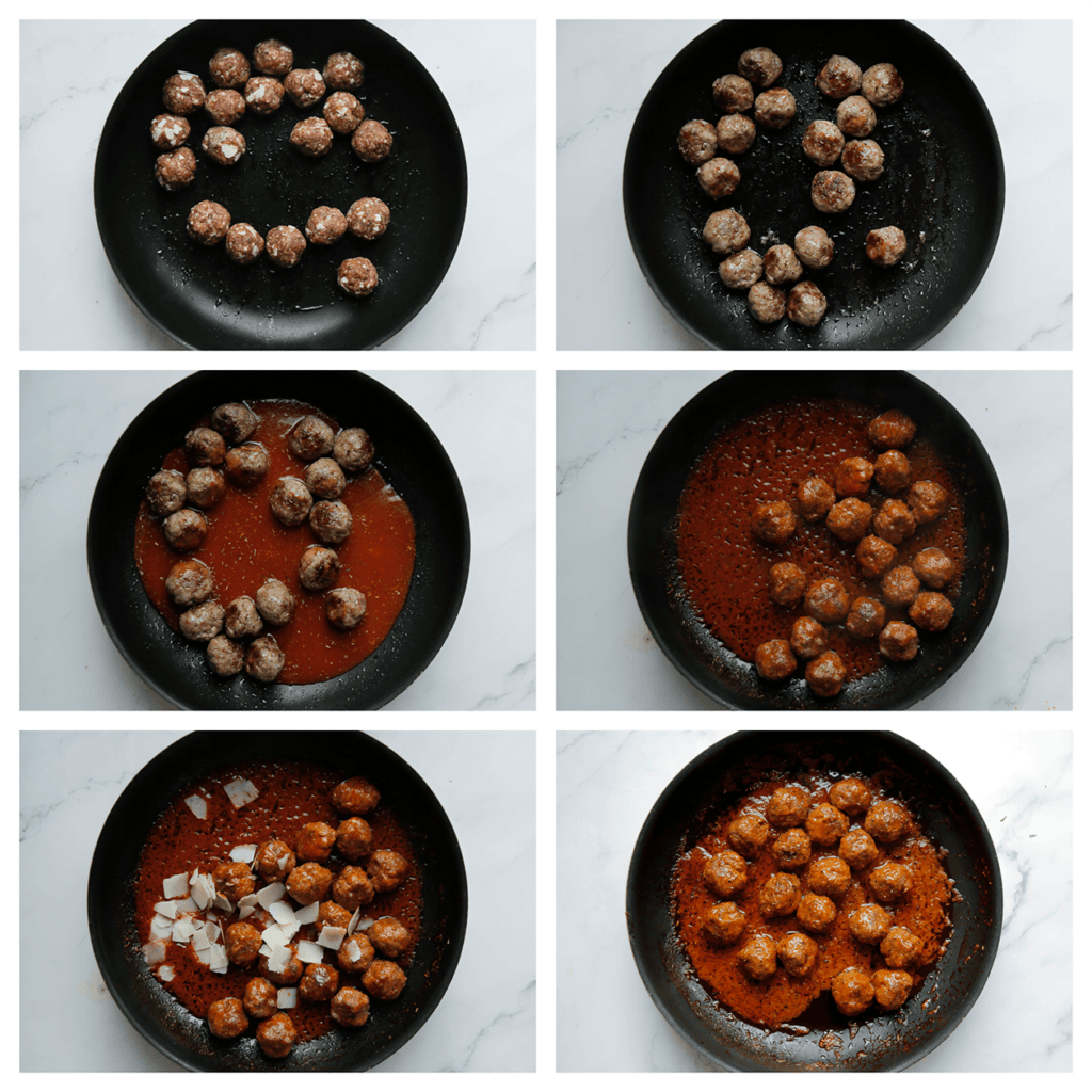 Verhit wat olijfolie in een koekenpan op middelhoog vuur. Voeg de gehaktballen toe en bak goudbruin. Voeg de tomatensaus toe en kook mee tot het goed indikt.