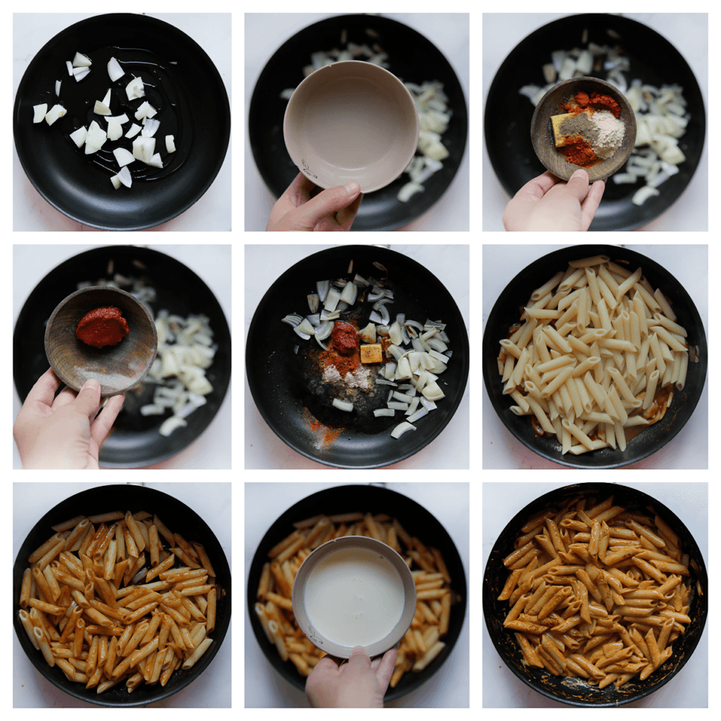 Verhit de olijfolie in een koekenpan op middelhoog vuur. Voeg de gele ui toe en bak 2-3 minuten. Voeg het pasta-water, de tomatenpuree, het kippenbouillonblokje, de cayennepeper, zwarte peper, knoflookpoeder, uienpoeder en paprikapoeder toe. Kook 1 minuut. Voeg de penne, ongeklopte slagroom en het zout toe naar smaak. Kook tot de saus is ingekookt (Blijf er wel bij staan, want dit duurt niet lang).