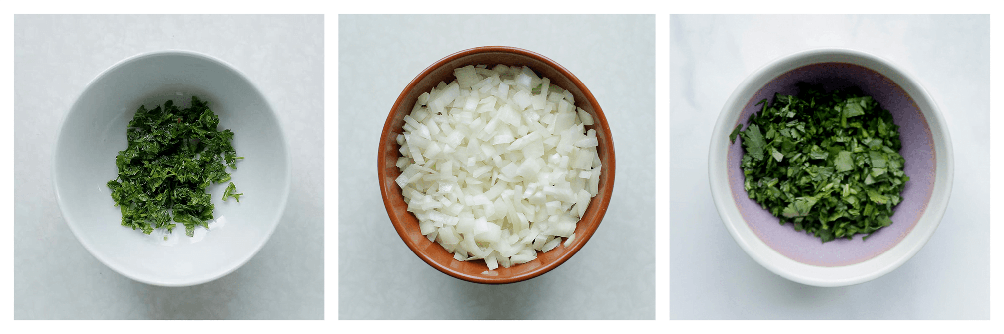 Gele ui, peterselie en koriander gesneden