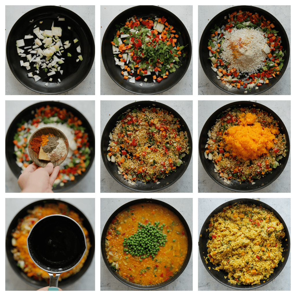 Verhit de olijfolie in een koekenpan op middelhoog vuur. Voeg de gele ui, puntpaprika, wortel en peterselie toe. Bak 4 minuten. Voeg de rijst, visbouillonblokje, kurkuma, ras el hanout, cayennepeper, knoflookpoeder, zwarte peper en het pompoenmengsel toe. Voeg het water toe en zet het vuur hoog. Als het goed kookt, voeg je de doperwten toe. Kook de koekenpan, afgedekt, 10-12 minuten of tot de rijst het water heeft geabsorbeerd.