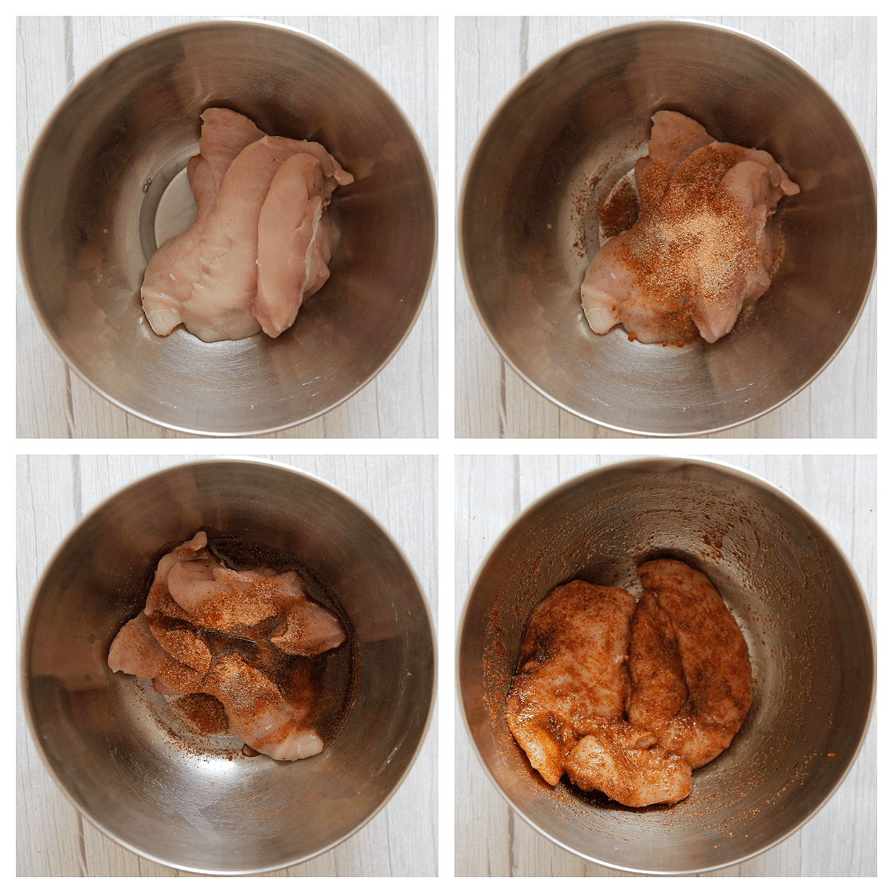 Kipfilet marineren in een diepe kom met verse kruiden en olie