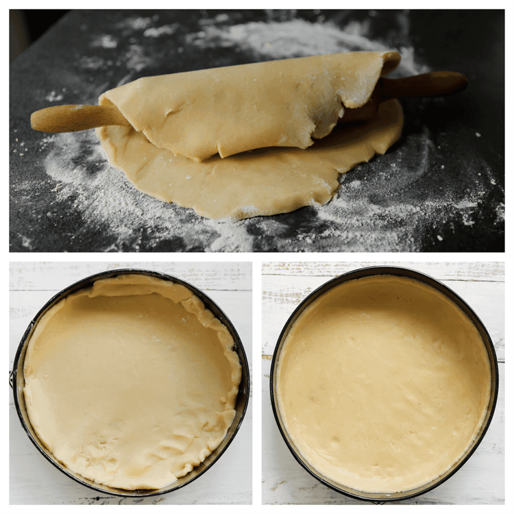 Leg het deeg, met behulp van de deegroller, in een ingevette bakvorm en bekleed de zijkanten. Druk goed aan met de achterkant van een lepel, zo maak je alles egaal.