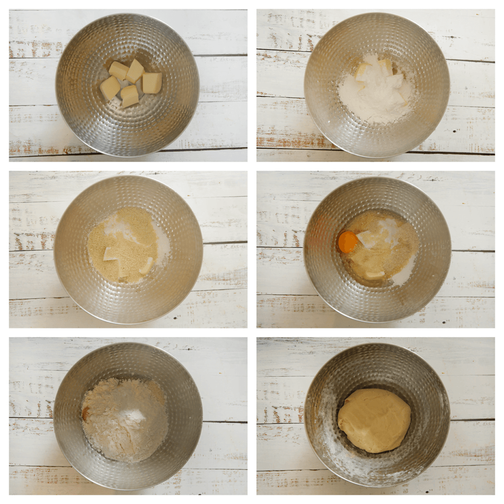 Doe de roomboter, bloem, het amandelmeel, ei, de poedersuiker en het zout in een diepe kom. Kneed tot een geheel. Leg, afgedekt, in de koelkast om stevig te worden.