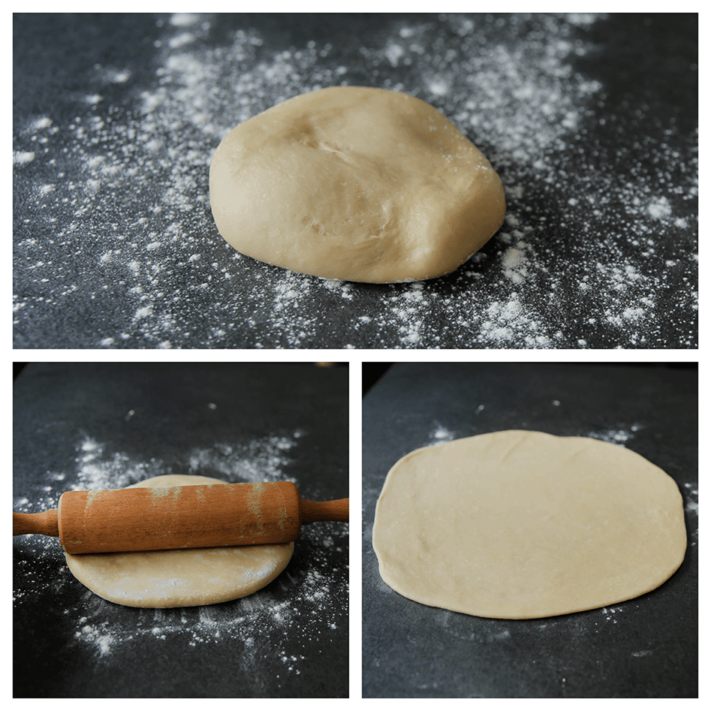 Stort het deeg op een met bloem bestoven werkplek en rol uit tot een ronde lap van 30 cm.