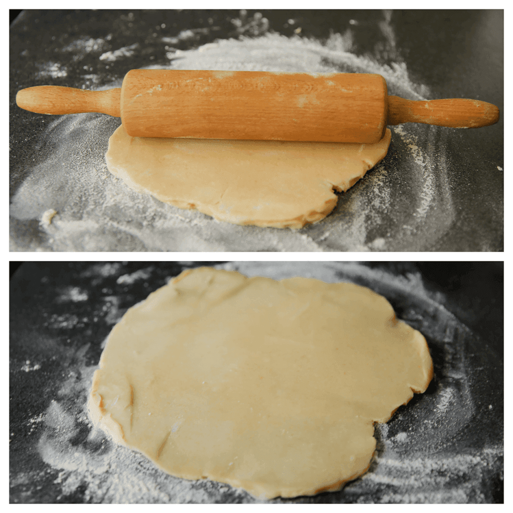 Strooi wat bloem op je werkplek en rol het koekjesdeeg uit tot een ronde lap van 30 cm.