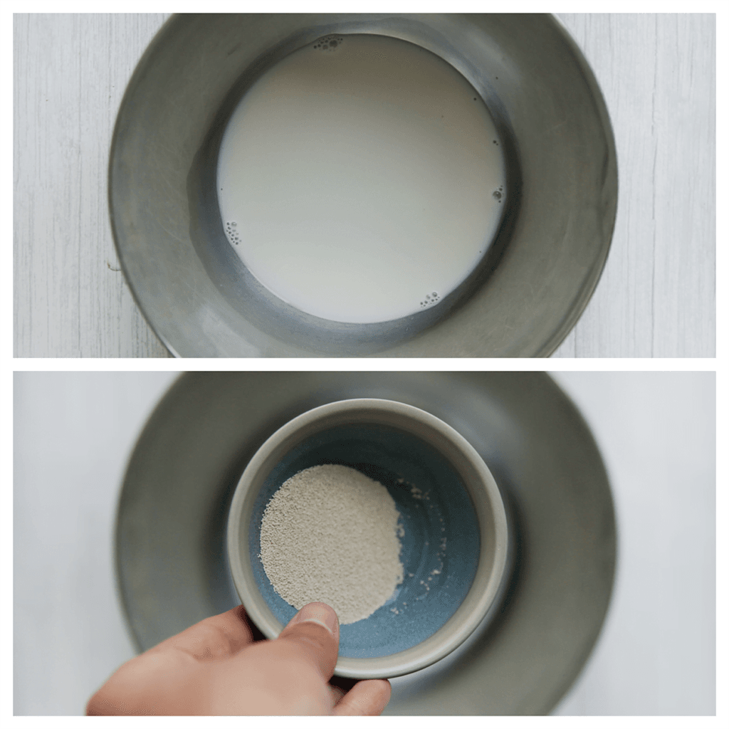 Giet de lauwwarme melk (75 ml) in een diepe kom en voeg de gist toe. Meng goed.