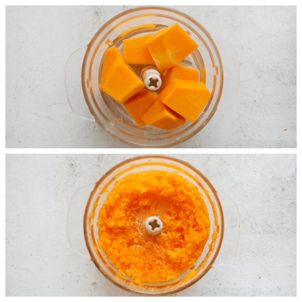 Schil en snijd de pompoen in stukken. Doe de pompoen en het water in een hakmolen. Maal fijn.