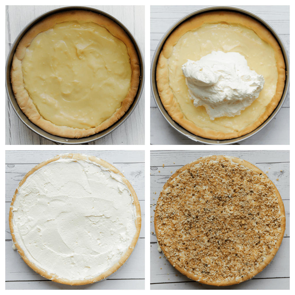 Verdeel de slagroom over de gele room. Garneer met gehakte nootjes en poedersuiker.