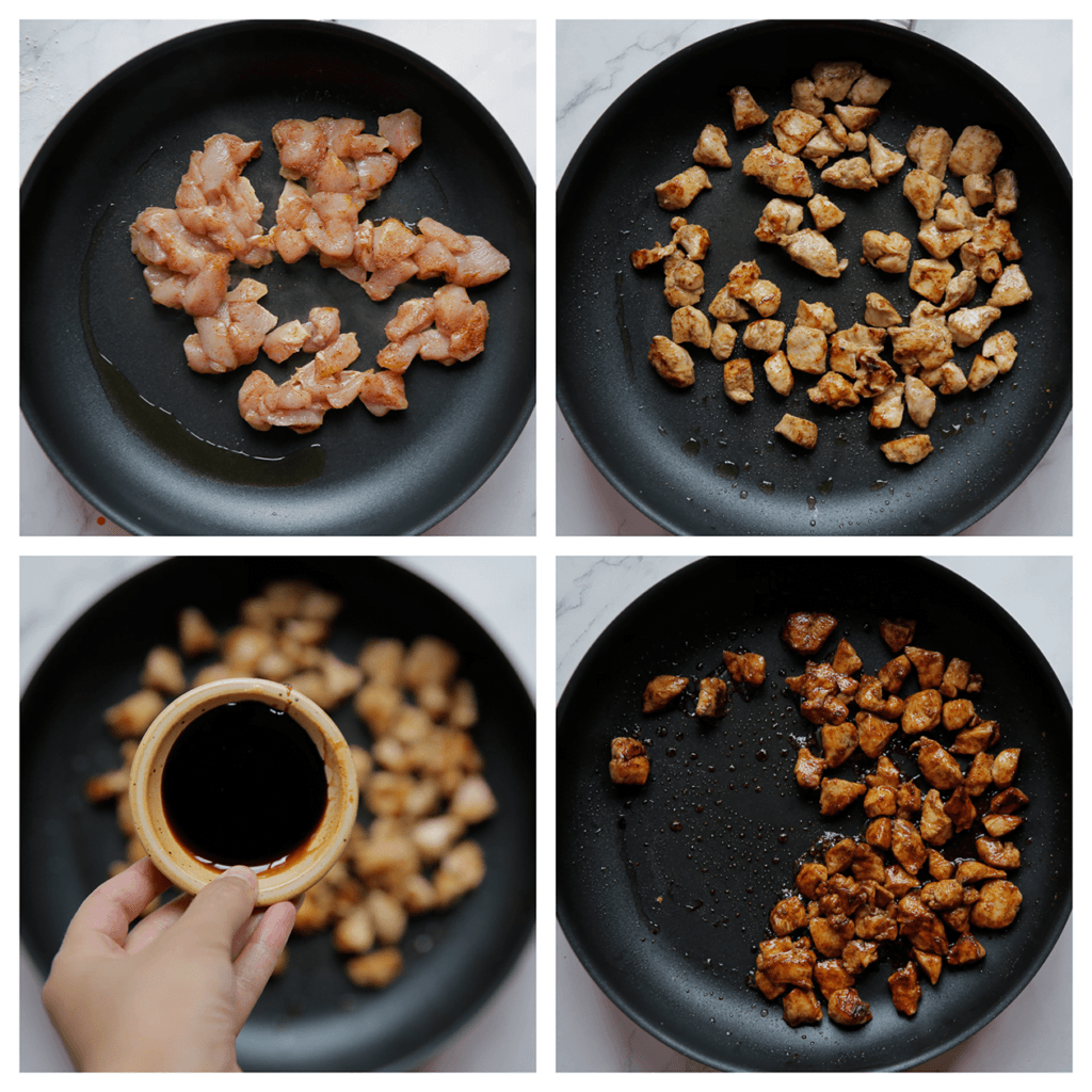 Verhit de koekenpan op middelhoog vuur. Voeg de kip toe en bak in ca. 6-7 minuten gaar. Voeg de ketjap manis toe en bak 1 minuut.