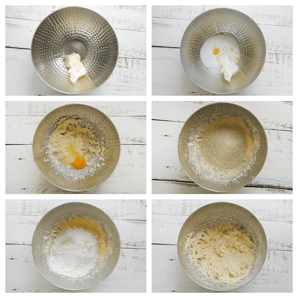 Mix de roomboter samen met de suiker, het zout en citroenrasp 3 minuten in een diepe kom. Breek de eieren één voor één boven de kom. Mix goed. Voeg het amandelmeel en de bloem toe. Mix tot een geheel.