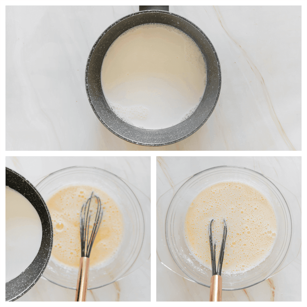 Breng de melk in een steelpan aan de kook. Voeg deze beetje bij beetje al roerend toe aan het eimengsel.