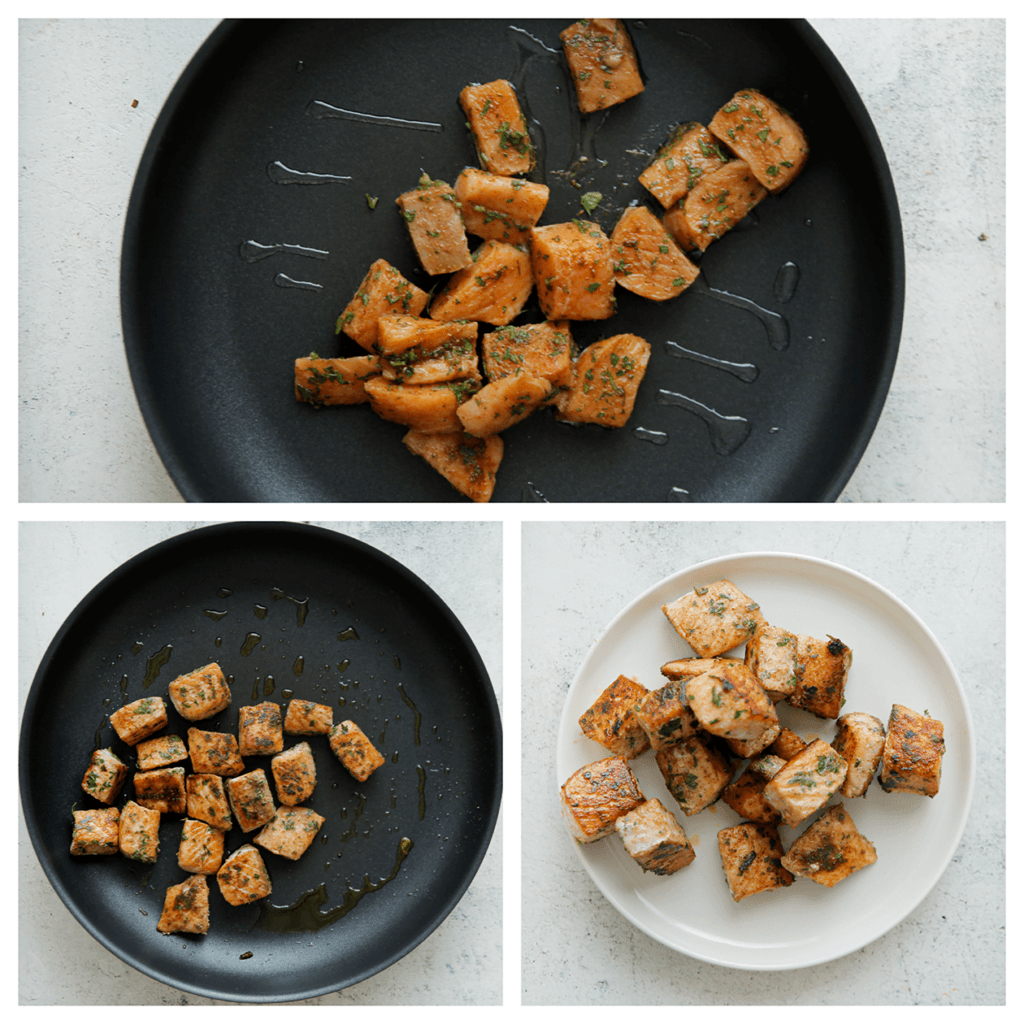 Bak de zalm gaar. Schep uit de koekenpan en leg apart.