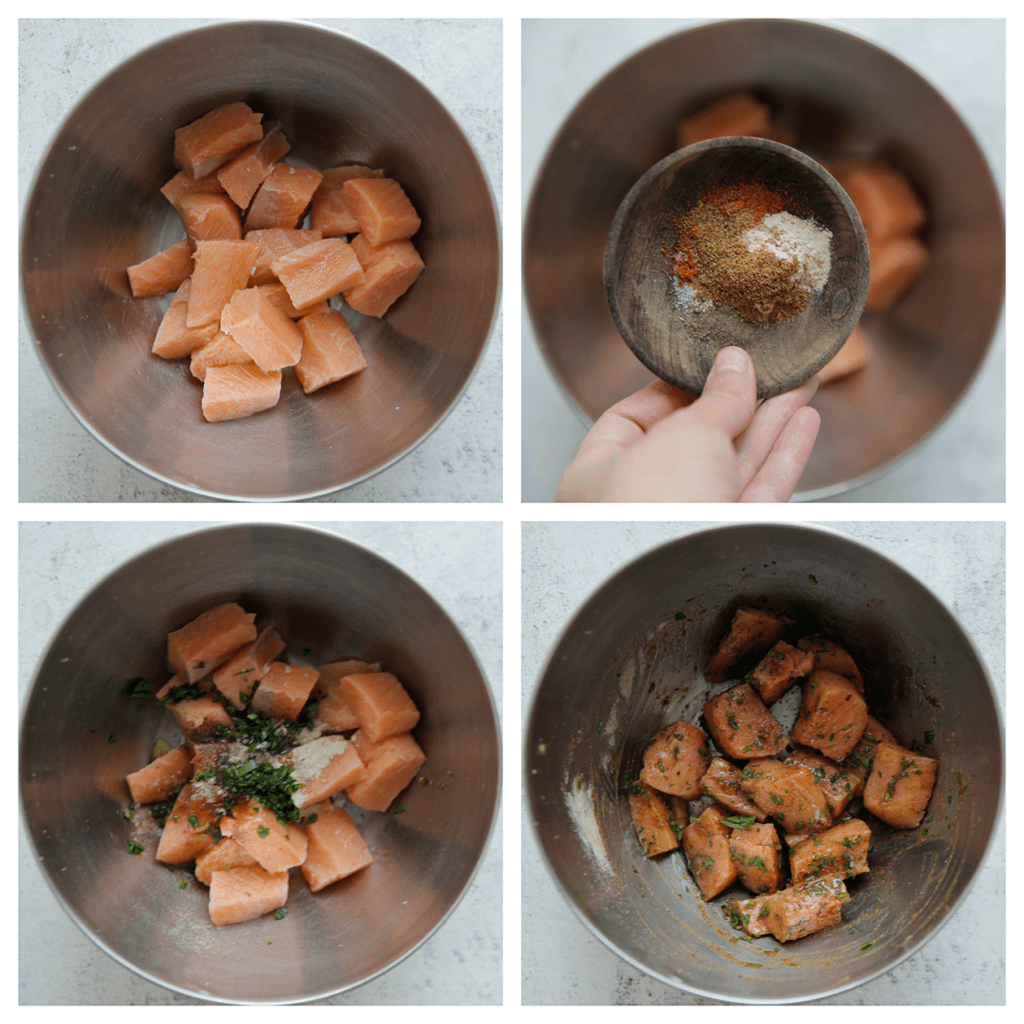 Snijd de zalm in blokjes en doe deze in een diepe kom. Voeg de knoflookpoeder, cayennepeper, het zout, de olijfolie en peterselie toe. Meng goed.