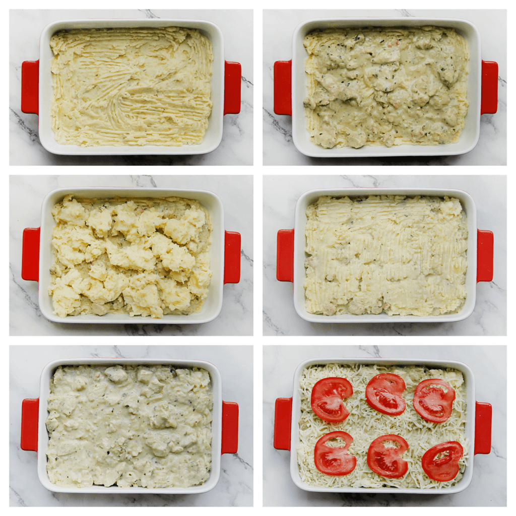 Verdeel de helft van het aardappelmengsel over een ovenschaal. Schep de helft van het kipmengsel erop, verdeel gelijkmatig. Schep het overige aardappelmengsel erover, alleen dit keer in delen (maakt het uitsmeren een stuk makkelijker). Verdeel het kipmengsel over het aardappelmengsel. Top het af met wat geraspte mozzarella en schijfjes tomaat.
