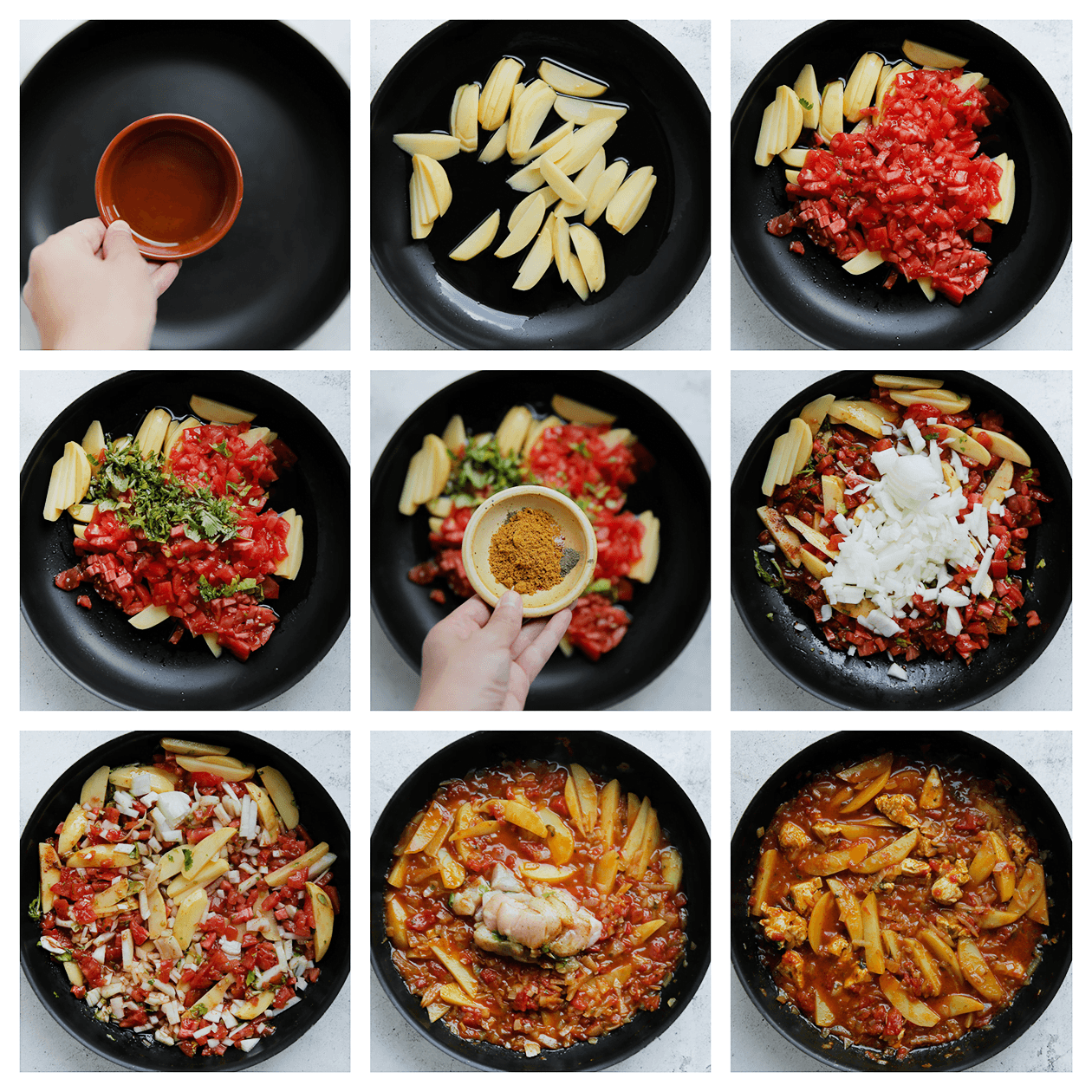 Aardappels gaar koken in tomatensaus samen met de groenten en kip