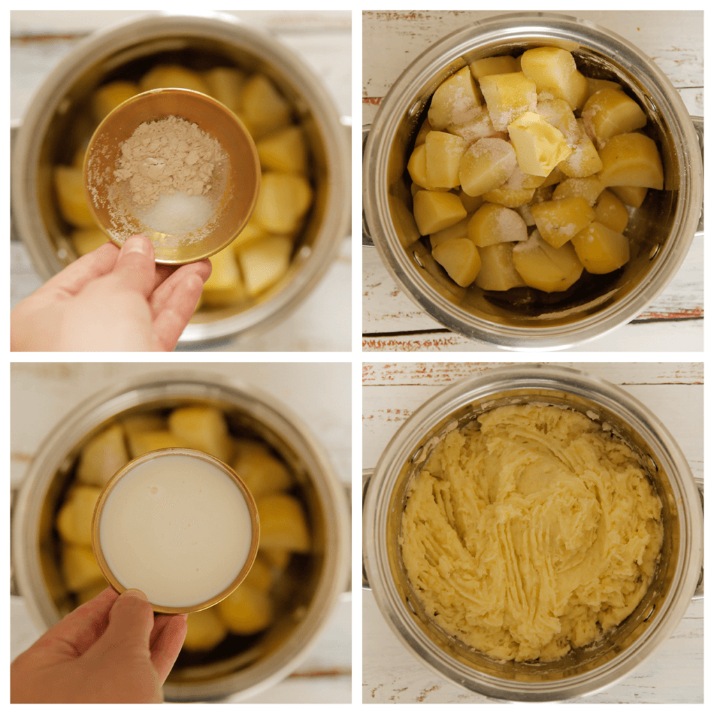 Stamp/prak de aardappels fijn. Voeg de roomboter, melk, uienpoeder en zout toe. Meng tot een gladde massa.