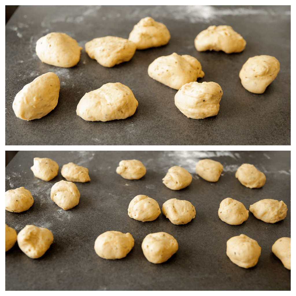 Verdeel het anijsdeeg in 9 stukken en deel deze weer door de helft (18 bolletjes deeg in totaal).