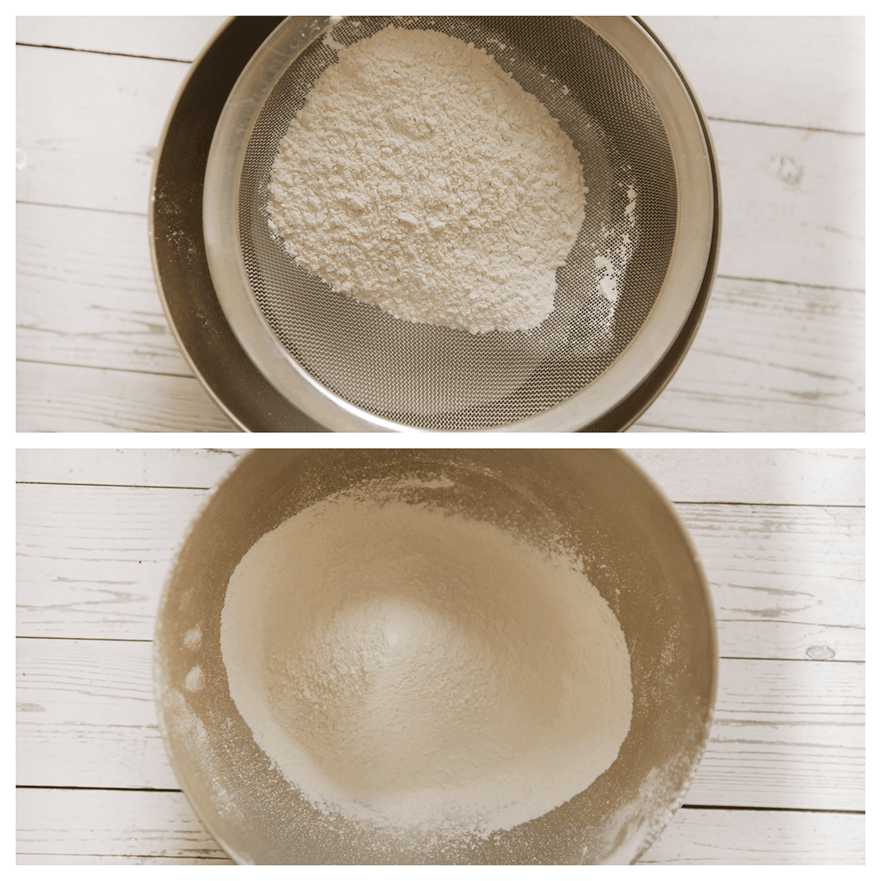 Bloem en bakpoeder door een zeef halen