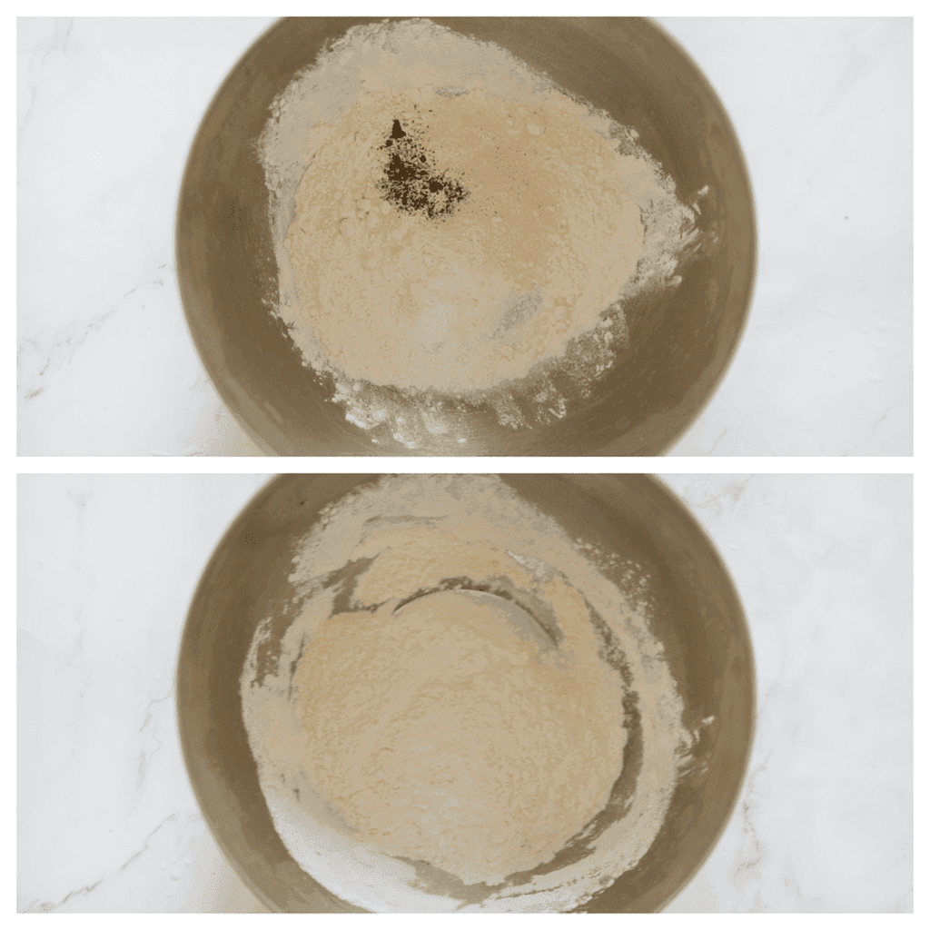 Doe de bloem in een diepe kom. Voeg de uienpoeder, zwarte peper en het zout toe. Meng goed.